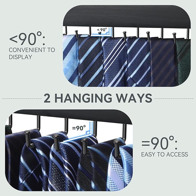HOMEBROS Tie Rack Wall Mount, Wooden Closet Tie Hanger with 24 Metal Hooks, Large Capacity, Black, 2 Pcs