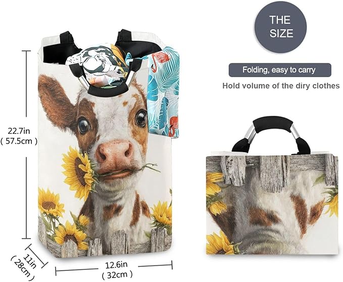 Laundry Hamper Basket Fall Farm Cow White Storage Basket Collapsible Laundry Bag with Handle Decorative Organizer Bins Basket for Laundry Room Decor Bedroom Dorm