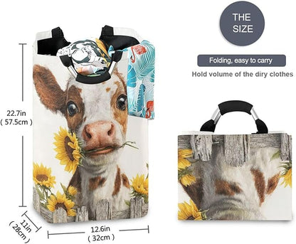 Laundry Hamper Basket Fall Farm Cow White Storage Basket Collapsible Laundry Bag with Handle Decorative Organizer Bins Basket for Laundry Room Decor Bedroom Dorm