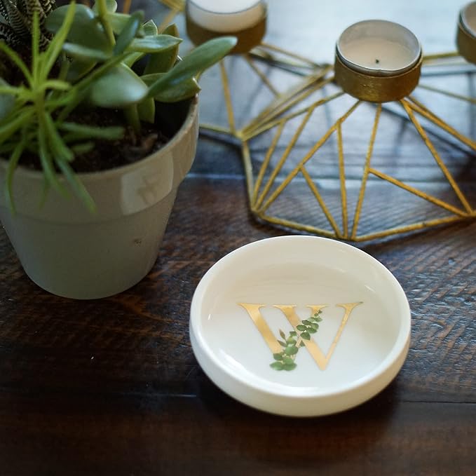 Cedar and Ink Ring Dish with Personalized W in Gold Foil & Greenery, Monogrammed Jewelry Dish, Accessories & Wedding Ring Holder, Dressing Table Tray (W)