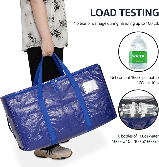 Moving Bags Heavy Duty Extra Large, Moving Boxes, Moving Supplies Essentials, Blue Storage Bins with Lids, Plastic Packing Totes, Storage Bags for Clothes with Handles & Zippers(Blue, 4 Pack)