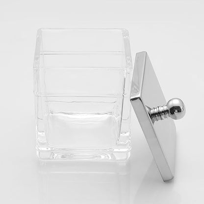 Indecor Home Glass Cotton Jar Holder 2 Pack– Silver/Chrome Lid, Elegant Bathroom Storage Canister for Qtips, Cotton Balls, Floss, Makeup Organizer, Vanity & Bathroom Organization