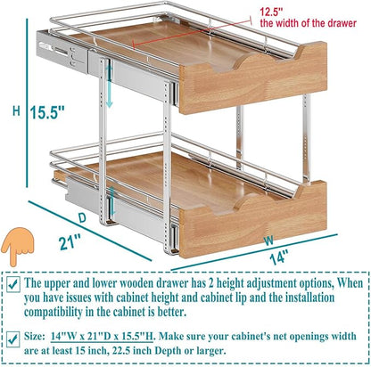 OCG Pull Out Cabinet Organizer 14" W x 21" D, 2 Tier Slide Out Shelf, Heavy-Duty Pull Out Drawer for Cabinets, Base Cabinet Organization for Kitchen, Pantry, Bathroom