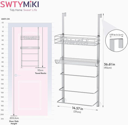 SWTYMIKI Over The Door Towel Racks for Bathroom - 5-Tier Wall Mounted Bathroom Towel Storage Organizer Holder with Metal Shelf, Sliver