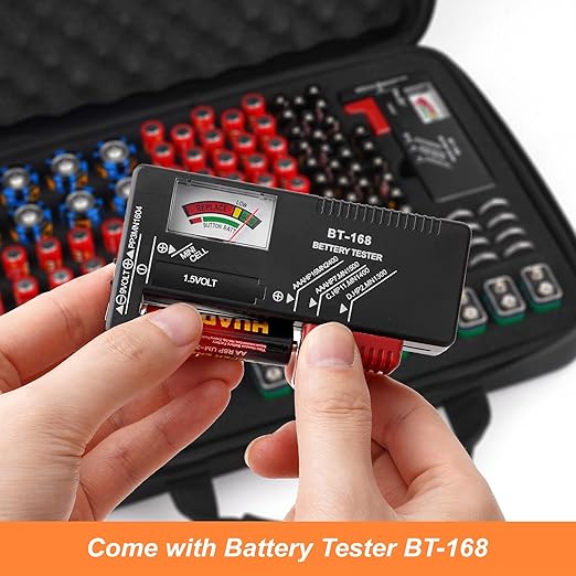 Battery Organizer, Battery Organizer Storage Case with Tester BT-168, Waterproof Battery Holder Box Holds, Battery Case Organizer 60+ AA AAA C D 9V Batteries (Batteries are Not Included)