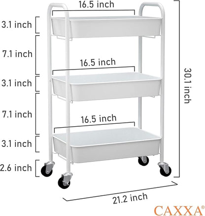 CAXXA 3-Tier Rolling Metal Storage Organizer - Mobile Utility Cart Kitchen Cart with Caster Wheels, White
