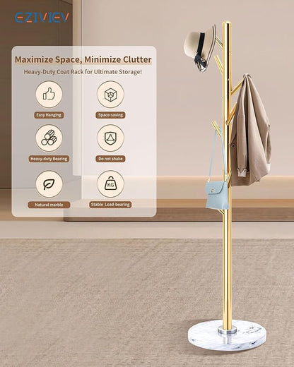 Modern Coat Rack Stand, Metal Freestanding Coat Rack with Natural Marble Base, Golden Coat Racks with 8 Hooks and Coat Hanger Tree Jacket Stand for Office, Entryway, Hallway