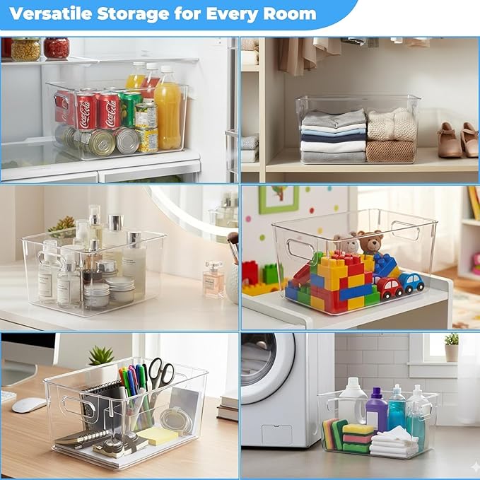 MOONEDGE Open Clear Plastic Storage Bins Stackable Organizer Containers with Handles for Kitchen, Pantry, Fridge, Cabinet, Closet Storage & Home Organization 8 Pack（11 x 8 x 6 in）