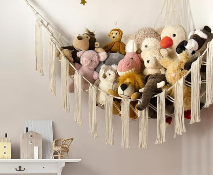 Stuffed Animal Hammock Corner Storage with LED Light - Toy Hammock Large Plushie Net - Stuffed Animal Holder Hanging Organizer - Teddy Bear Hammocks Room Decorations Preppy Toddler Kids Room Decor