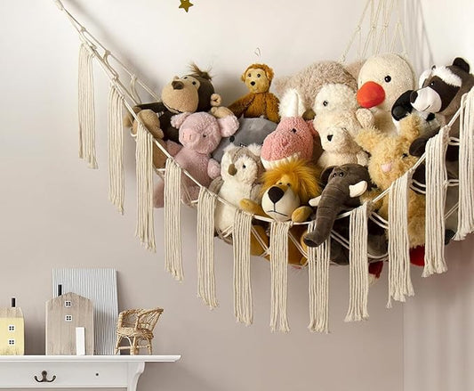 Stuffed Animal Hammock Corner Storage with LED Light - Toy Hammock Large Plushie Net - Stuffed Animal Holder Hanging Organizer - Teddy Bear Hammocks Room Decorations Preppy Toddler Kids Room Decor