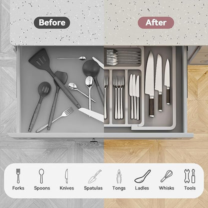 2 Pack Silverware Organizer, Expandable and Adjustable Kitchen Utensil Drawer Organizer, Plastic Cutlery Holder with Multiple Compartments,Cutlery Holder,for Spoons Forks Knives,Grey,UAFD012G