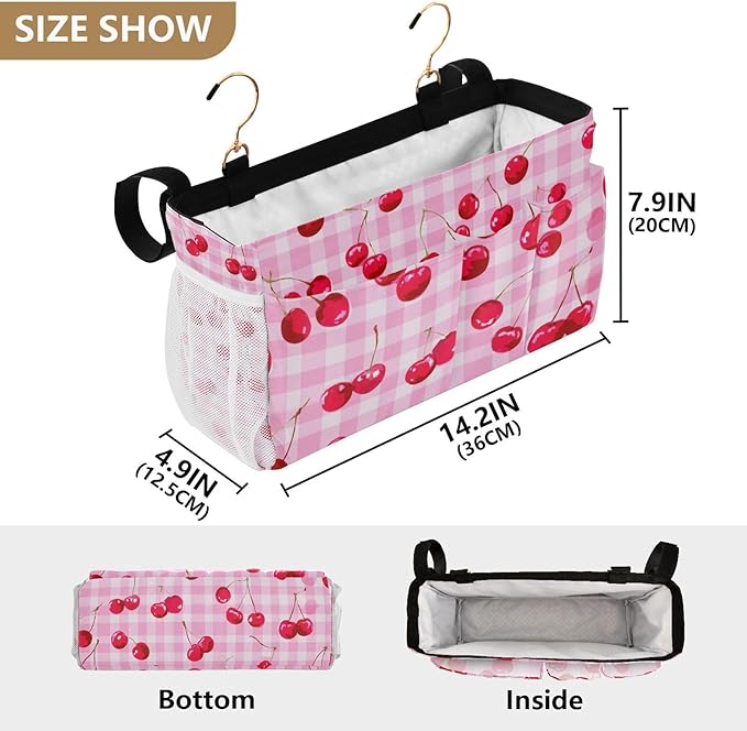 CuwrYet Bedside Caddy Hanging Bunk Bed Caddy Bed Organizer Hanging Pocket with 2 Hooks Bedside Storage Organizer Pocket Bag Holder Pink Juicy Checkered Cherry