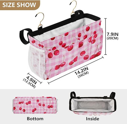 CuwrYet Bedside Caddy Hanging Bunk Bed Caddy Bed Organizer Hanging Pocket with 2 Hooks Bedside Storage Organizer Pocket Bag Holder Pink Juicy Checkered Cherry