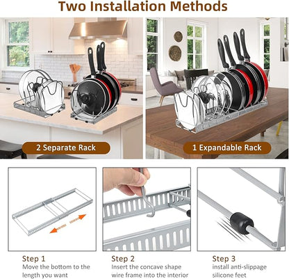 ROOHUA Pot Rack Organizer -Expandable Pot and Pan Organizer for Cabinet,Pot Lid Organizer Holder with 10 Adjustable Compartment for Kitchen Cabinet Cookware Baking Frying Rack