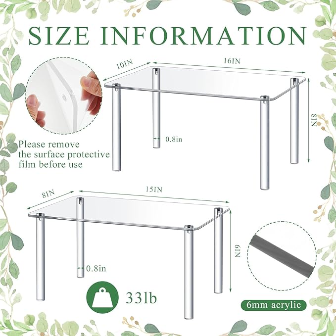 2 Pcs 16 Inch, 15 Inch Extra Large Acrylic Risers Display Stands Rectangular 4-leg Acrylic Plant Stand, 6mm Thick Clear Shelf Riser Display Stands for Decor Collectibles Figures and Item Photography