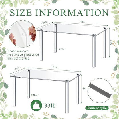 2 Pcs 16 Inch, 15 Inch Extra Large Acrylic Risers Display Stands Rectangular 4-leg Acrylic Plant Stand, 6mm Thick Clear Shelf Riser Display Stands for Decor Collectibles Figures and Item Photography