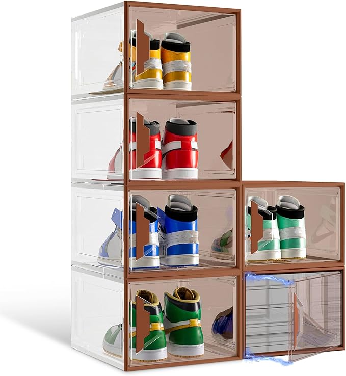 ADTO X-Large Stackable Shoe Boxes - Clear Plastic Shoe Storage Boxes with Magnetic Door, Thicken Shoe Organizer for Closet, Space Saving Foldable Shoe Containers Bins for Sneaker Boot - 6 Pack(Brown)