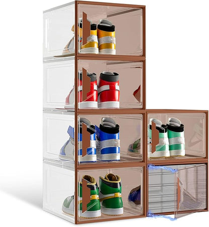 ADTO X-Large Stackable Shoe Boxes - Clear Plastic Shoe Storage Boxes with Magnetic Door, Thicken Shoe Organizer for Closet, Space Saving Foldable Shoe Containers Bins for Sneaker Boot - 6 Pack(Brown)