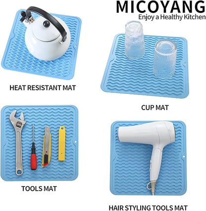 Silicone Dish Drying Mat for Multiple Usage,Easy clean,Eco-friendly,Heat-resistant Silicone Mat for Kitchen Counter or Sink,Refrigerator or Drawer liner Light Blue M 12 inches x 12 inches