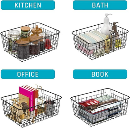 Metal Black Large Wire Basket Food Storage Organizer,pantry organizers and storage for Organizing Kitchen Cabinets potato onion, 4 Pack