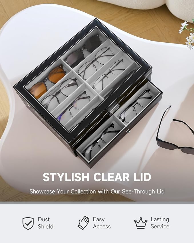 CO-Z Sunglasses Organizer, Leather Eyeglasses Storage Box for Women Men, Lockable Sunglass Display Case Holder with Drawer