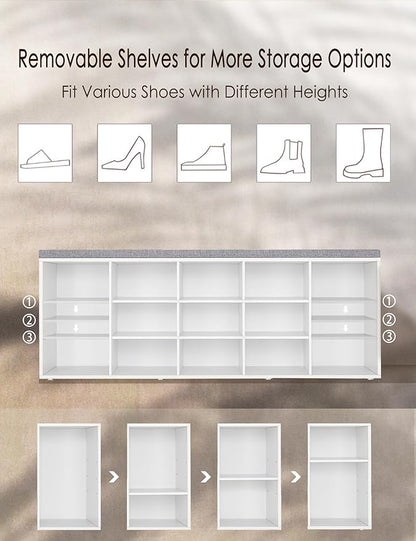 DINZI LVJ Shoe Storage Bench with Cushion, 13-Cubby Shoe Rack, Adjustable Shelves, Multifunctional Shoe Organizer Bench for Entryway, Mudroom, Hallway, Living Room, Bedroom and Garage, White