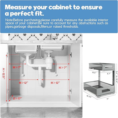 2-Pack Under Sink Storage Organizer, Large 2-Tier Elegant Mesh Pull Out Shelf for Kitchen and Bathroom Cabinet Organization, L-Shaped and Adjustable Height Design-Gun Gray