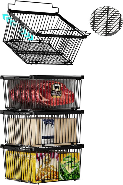 ANJUBAN Large Freezer Organizer Bins，Upgraded Bottom Leak-Proof net，Fit 5 to 9 Cu Ft Chest Freezer，4 Pack， Expandable Stackable Chest Freezer Containers with Handle (Black--4Pack)