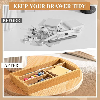 Weysat Irregular 4 Slots Bamboo Wood Desk Drawer Organizer 11"x6" Office Desk Organizer Tray Drawer for Office Supplies Makeup Jewelry Vanity