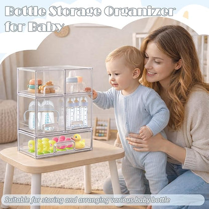 Baby Bottle Organizer-5 Pack Stackable Storage Drawers, Baby Organizers and Storage with Hooks, Clear Acrylic Multipurpose Bottle Storage for Countertop,Kitchen,Cabinet,Vanity,Bathroom