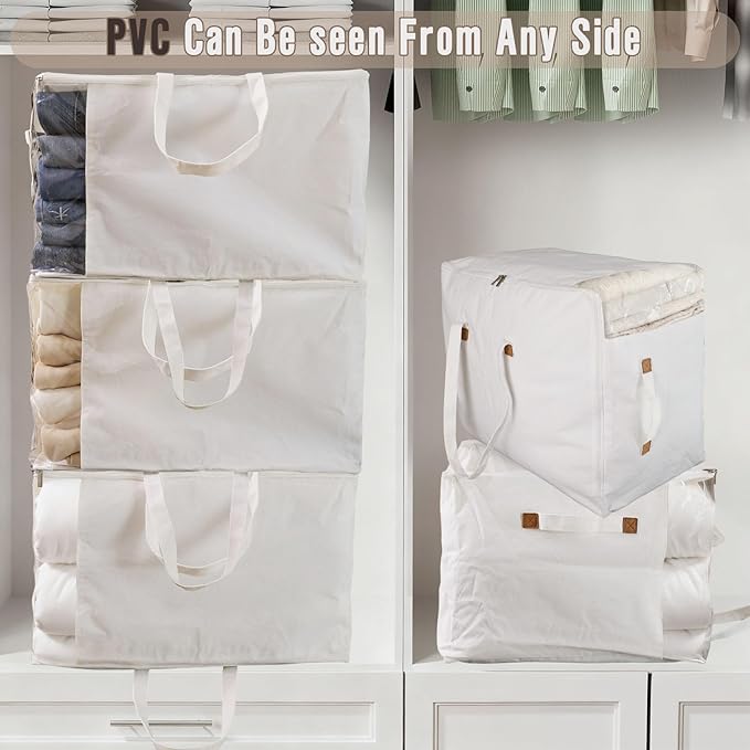 Heavy Duty Cotton Canvas Storage Bags For Comforter Blankets Clothes Extra Large Foldable Organizer with Clear Window & Reinforced Handles, Dustproof Design (White, 80L-2Pack)