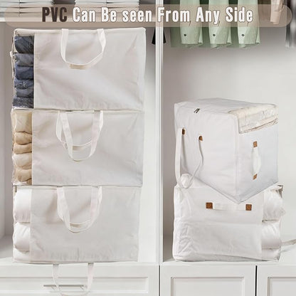 Heavy Duty Cotton Canvas Storage Bags For Comforter Blankets Clothes Extra Large Foldable Organizer with Clear Window & Reinforced Handles, Dustproof Design (White, 80L-4Pack)