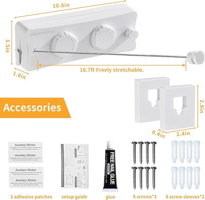 Retractable Clothesline Indoor & Outdoor, Non-Sagging Wall Mounted Drying Rack Clothesline, 16.7 Ft Stainless Steel Wire Double Clothes Lines, Hanging Clothes line for Balcony, Courtyards(White)