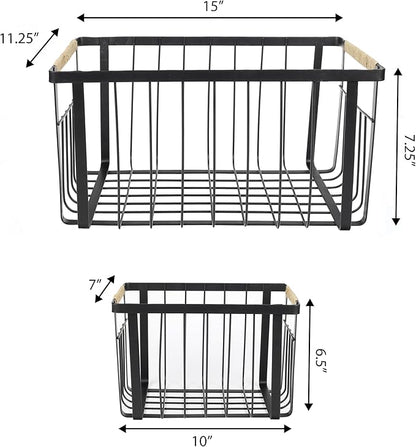 happimess BSK3003A-3SET Henley Vintage Farmhouse Wire Metal Nesting Storage Baskets with Jute Wrapped Handles for Shelves, Cabinets, Pantry, Countertop, Mesh Open Bin Basket, Black (Set of 3)