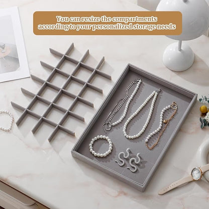 KATISYIO Large Velvet Jewelry Tray 2 Pack Stackable Jewelry Display Drawer Inserts Trays Organizer for Earring Bracelet Necklace Ring (Gray, 24 Grids)