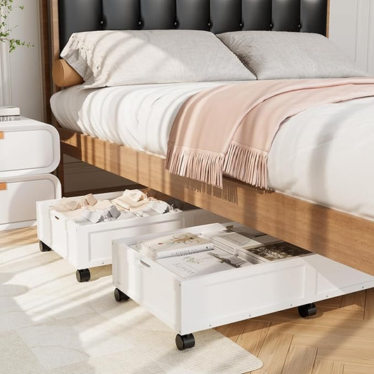 Wood Under Bed Storage Containers Underbed Organizer with Wheels with Large Capacity Dust Bag,Sturdy Wood Rolling Under Bed Shoe Storage Organizer 2 Packs (Walnut, Tall) (White, Large)