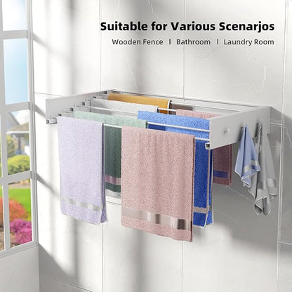 Upgrade Laundry Drying Rack, 31.5" Drying Rack Clothing Wall Mounted,Foldable, 5 Aluminum Rods with 6 Hooks, Space-Saving White Collapsible Drying Racks Hanger for Laundry Bathroom