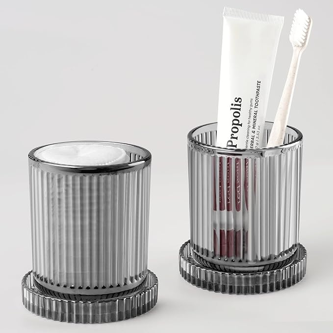 MKOSAB 2 Pack Qtip Holder - Apothecary Jars with Lids, Bathroom Organizers and Storage Canister for Cotton Balls,Swabs,Floss Picks,Hair Ties,Clear Glass Vintage Bathroom Decor Jar Set (Gray)
