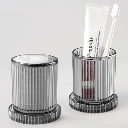 MKOSAB 2 Pack Qtip Holder - Apothecary Jars with Lids, Bathroom Organizers and Storage Canister for Cotton Balls,Swabs,Floss Picks,Hair Ties,Clear Glass Vintage Bathroom Decor Jar Set (Gray)