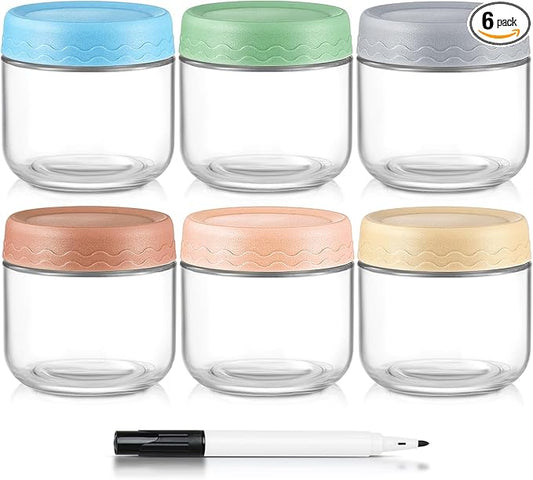 DRKIO 10 Oz Overnight Oats Containers with Lids - 6 Pack Glass Storage Jars with Airtight Lids Wide Mouth Mason Food Jars Great for Meal Prep Salad Chia Pudding Snacks Yogurt Sugar Spice Cereal