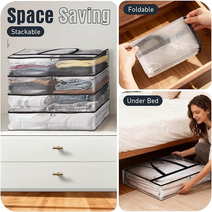 EdenDwell Clear Under Bed Storage Containers - 6 Pack Large Capacity Clothes Storage Bags with Lid & Sturdy Handles, Foldable Moving Bags, Clothing Organizer Totes for Bedding, Comforter, Sheet（60 L）
