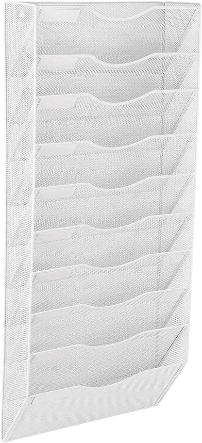 EASEPRES 10 Pocket Mesh Hanging Wall File Organizer, Wall Mounted Mail Paper Document Folder Holder, Clipboard Storage Organization Magazine Rack with Nametag Label for Office Home School, White