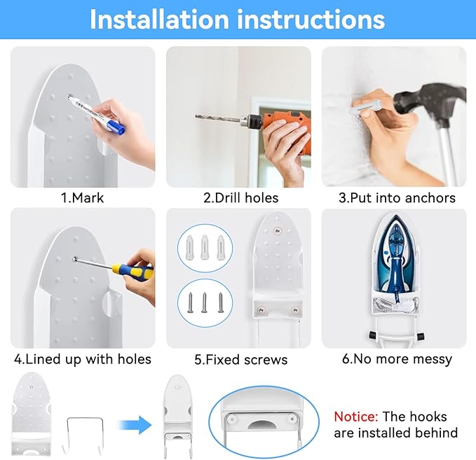 Ironing Board Hanger Wall Mount, Electric Iron and Iron Board Holder for Household Bathroom, Laundry Room(White)