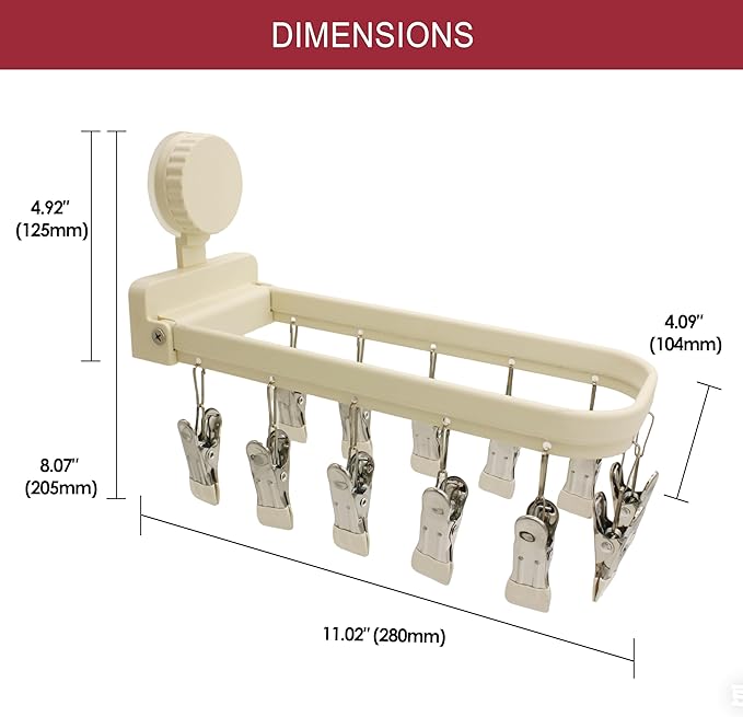 Foldable Laundry Drying Rack with 15 Clips, Wall Mount Suction Cup Hanger for Socks Undergarments Towels, Space Saving Clothes Organizer, Cream White