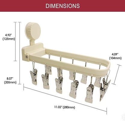 Foldable Laundry Drying Rack with 15 Clips, Wall Mount Suction Cup Hanger for Socks Undergarments Towels, Space Saving Clothes Organizer, Cream White