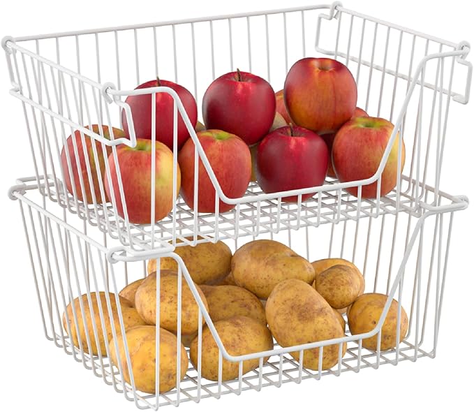 Stackable Wire Metal Baskets Large Capacity Kitchen Freezer Bins for Pantry Cabinet Fruit Vegetable Snacks Organization, White, Set of 4