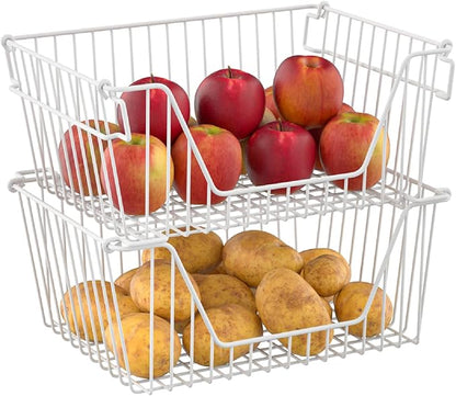 Stackable Wire Metal Baskets Cabinet Organizer Sturdy Metal Wire Pantry Freezer Bin for Home Bathroom Kitchen Friut Vegetable Organization, White - Set of 2