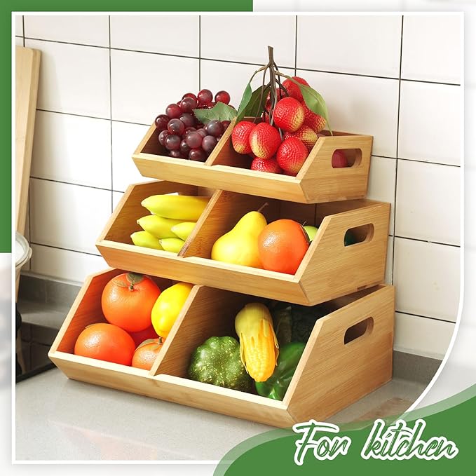 Barydat 3 Pcs Onion and Potato Storage, Bamboo Pantry Organizer, Ideal for Pantry, Stackable Pantry Organizers and Storage, Countertop, and Vegetable Storage for Kitchen