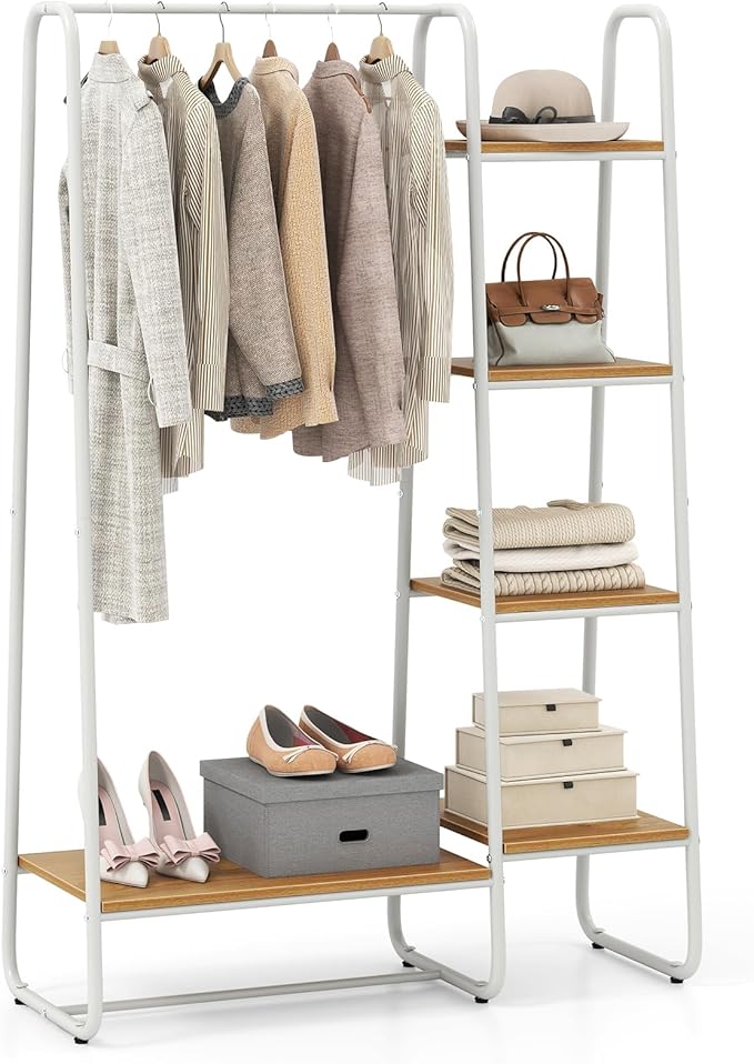 COSTWAY Clothes Rack with Shelves, Heavy Duty Garment Rack with Hanging Rod, 5-tier Shelves, Adjustable Foot Pads, Closet Organizer, Freestanding Wardrobe Clothing Racks for Hanging Clothes (White)