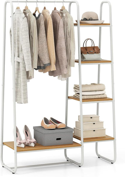 COSTWAY Clothes Rack with Shelves, Heavy Duty Garment Rack with Hanging Rod, 5-tier Shelves, Adjustable Foot Pads, Closet Organizer, Freestanding Wardrobe Clothing Racks for Hanging Clothes (White)